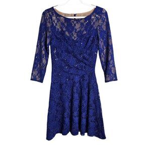 LAUREN RALPH LAUREN Y2K Dress NAVY BLUE LACE size 2 Cocktail Fit & Flare Prom